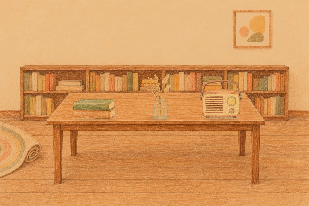 장안동 여성전용 슬리밍 마사지 안내 그림, 저녁의 서재 긴 책상 위에 놓인 책 두 권, 마른 풀을 꽂은 항아리, 작은 라디오