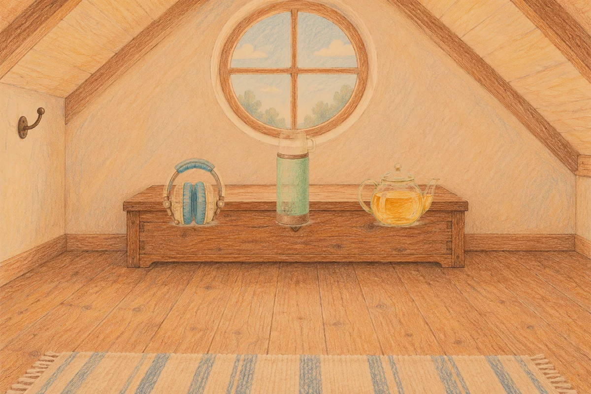 장안동 여성전용 복부 마사지 안내 그림, 저녁의 다락방 나무 궤짝 위에 놓인 헤드폰, 보온병, 유리 티포트