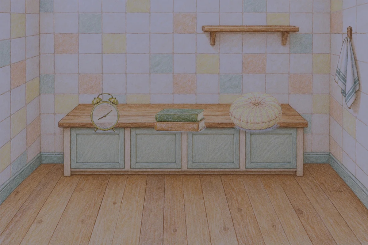 장안동 여성전용 종아리 케어 안내 그림, 밤의 부엌 나무 조리대 위에 놓인 둥근 알람시계, 책 두 권, 둥근 쿠션