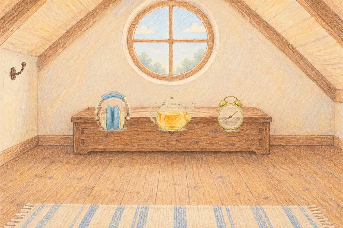 장안동 여성전용 등 마사지 안내 그림, 낮의 다락방 나무 궤짝 위에 놓인 헤드폰, 유리 티포트, 둥근 알람시계