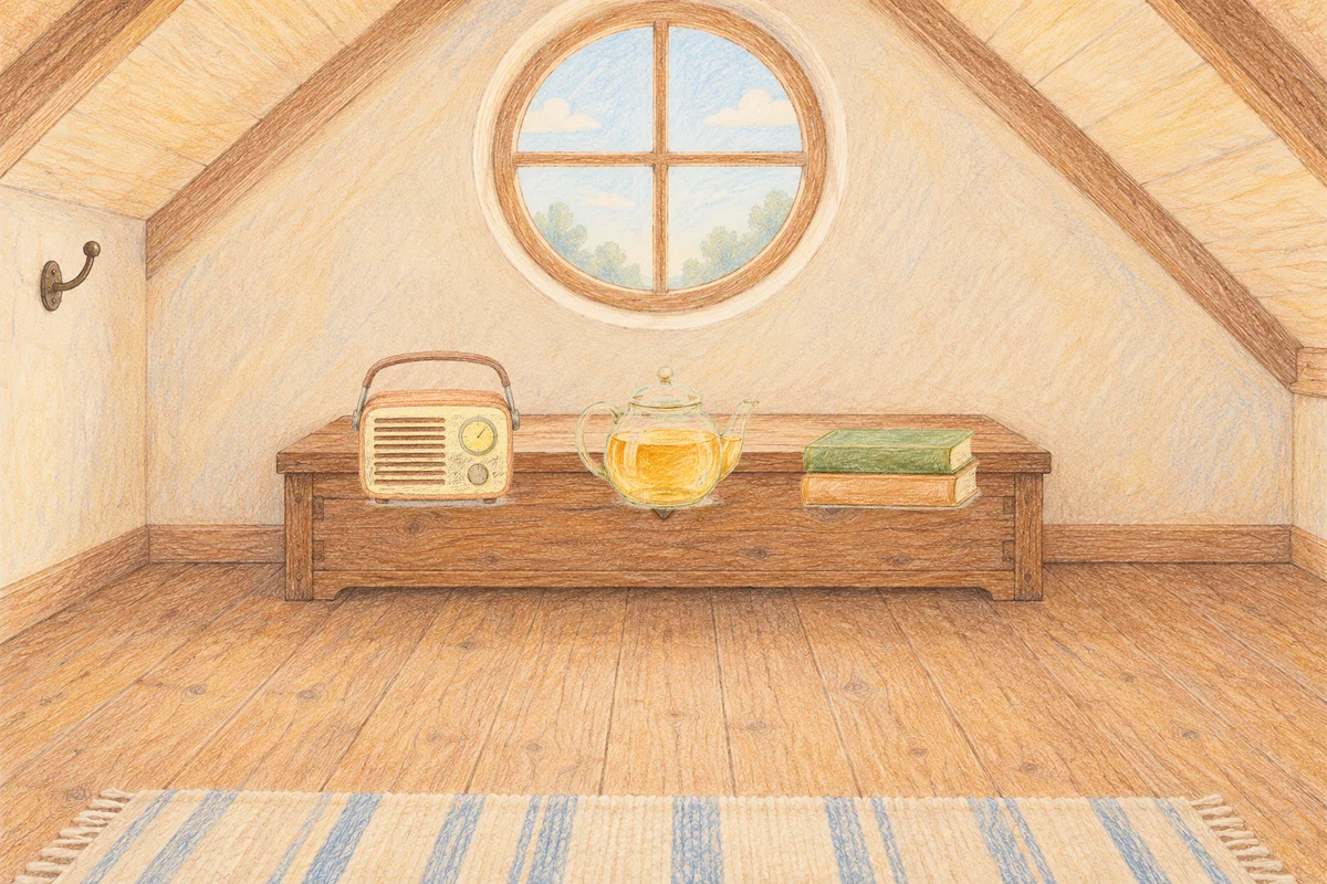 장안동 여성전용 두피 마사지 안내 그림, 낮의 다락방 나무 궤짝 위에 놓인 작은 라디오, 유리 티포트, 책 두 권
