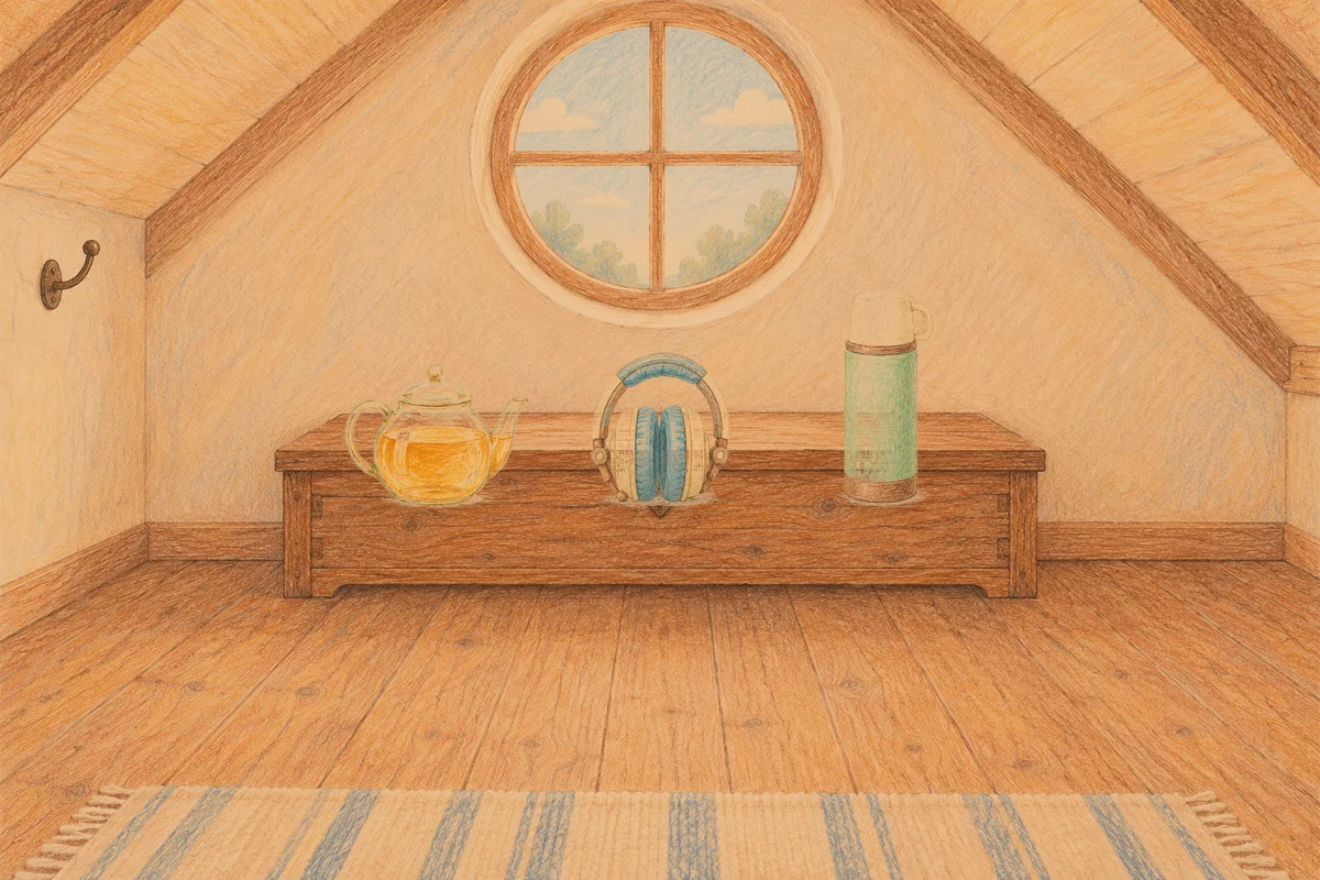 장안동 여성전용 어깨 마사지 안내 그림, 저녁의 다락방 나무 궤짝 위에 놓인 유리 티포트, 헤드폰, 보온병