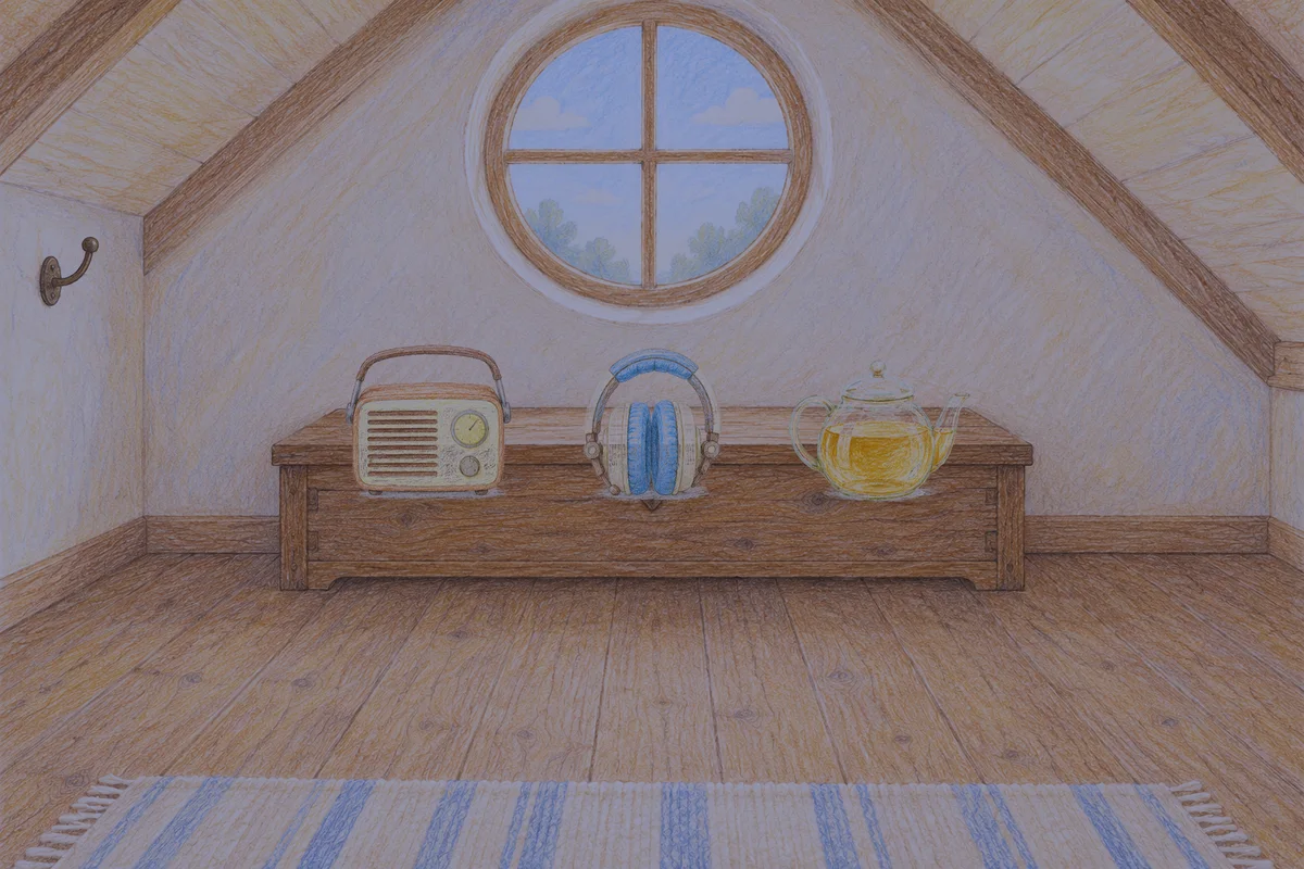 장안동 여성전용 목 어깨 케어 안내 그림, 밤의 다락방 나무 궤짝 위에 놓인 작은 라디오, 헤드폰, 유리 티포트