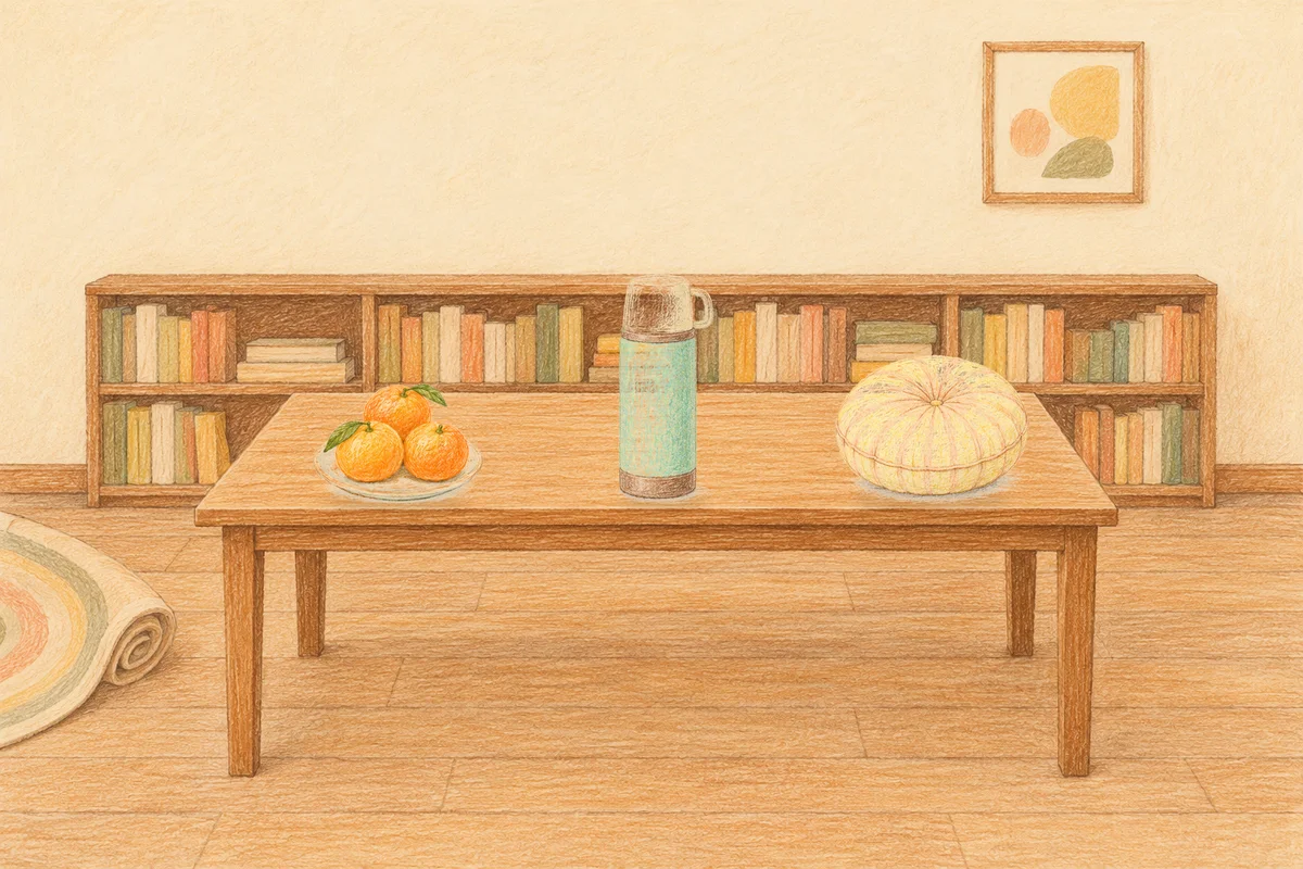 장안동 여성전용 두통 완화 마사지 안내 그림, 낮의 서재 긴 책상 위에 놓인 귤이 담긴 접시, 보온병, 둥근 쿠션