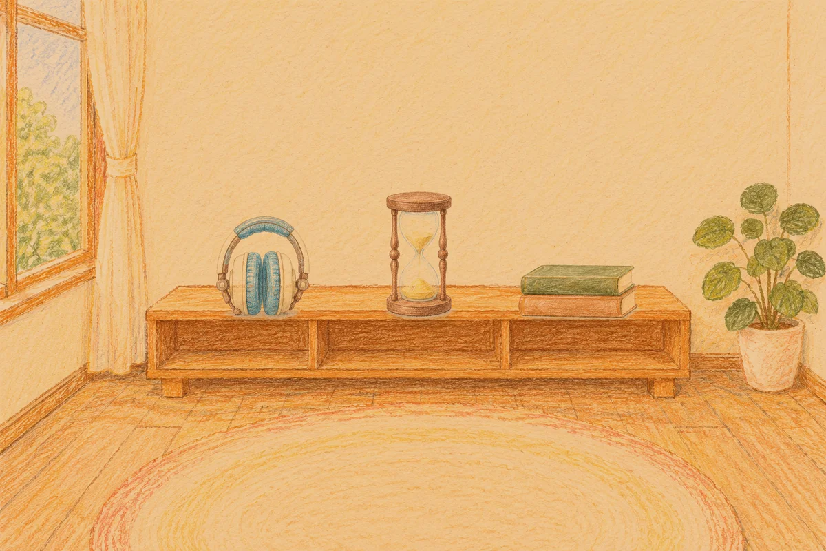 장안동 여성전용 얼굴 마사지 안내 그림, 저녁의 창가 낮은 선반 위에 놓인 헤드폰, 모래시계, 책 두 권