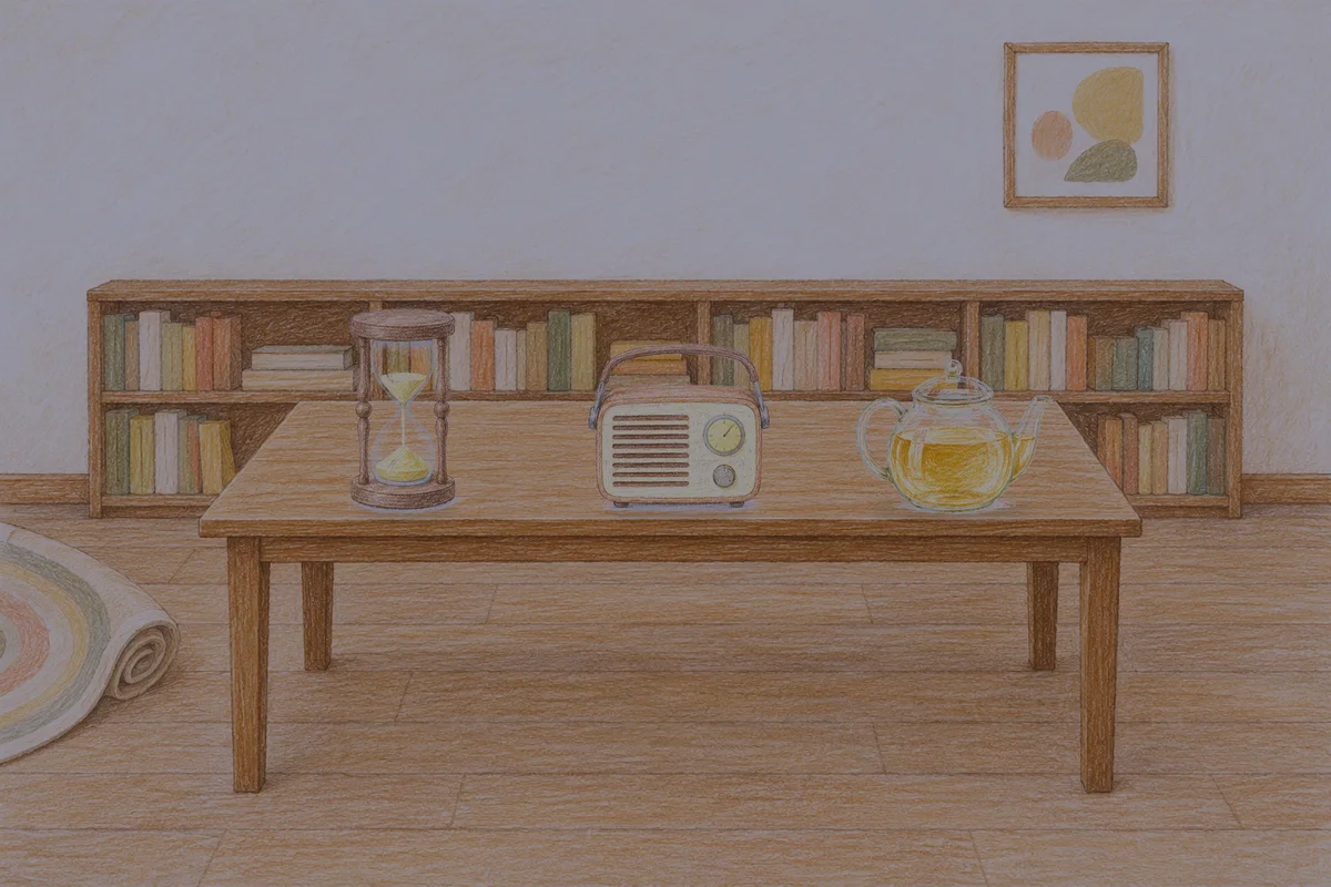 장안동 여성전용 안티에이징 케어 안내 그림, 밤의 서재 긴 책상 위에 놓인 모래시계, 작은 라디오, 유리 티포트