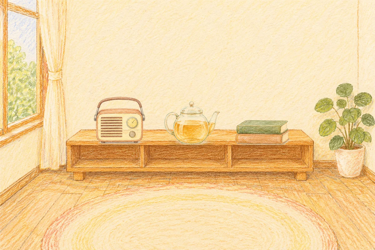 장안동 여성전용 샵 마사지 안내 그림, 낮의 창가 낮은 선반 위에 놓인 작은 라디오, 유리 티포트, 책 두 권