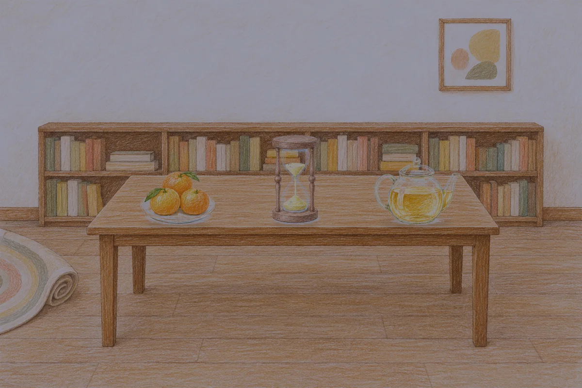 장안동 여성전용 예약 마사지 안내 그림, 밤의 서재 긴 책상 위에 놓인 귤이 담긴 접시, 모래시계, 유리 티포트