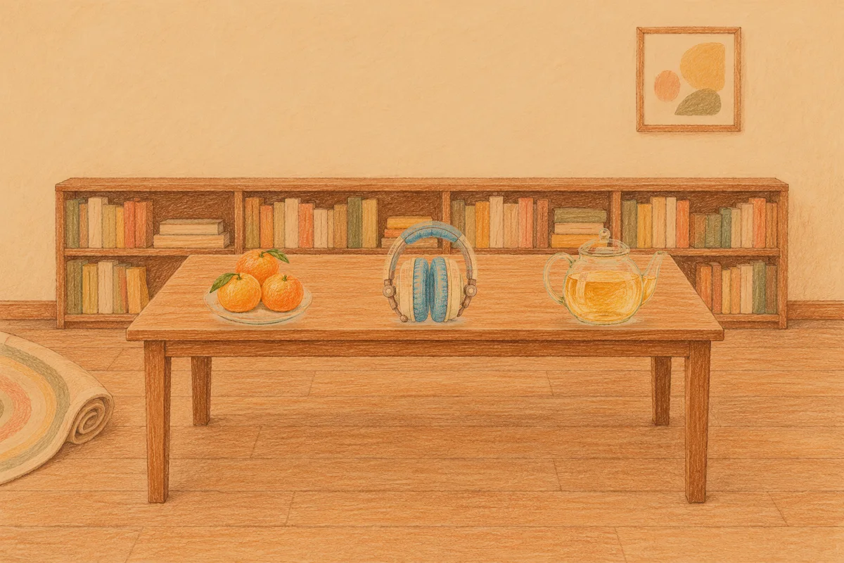 장안동 여성전용 출장 마사지 안내 그림, 저녁의 서재 긴 책상 위에 놓인 귤이 담긴 접시, 헤드폰, 유리 티포트