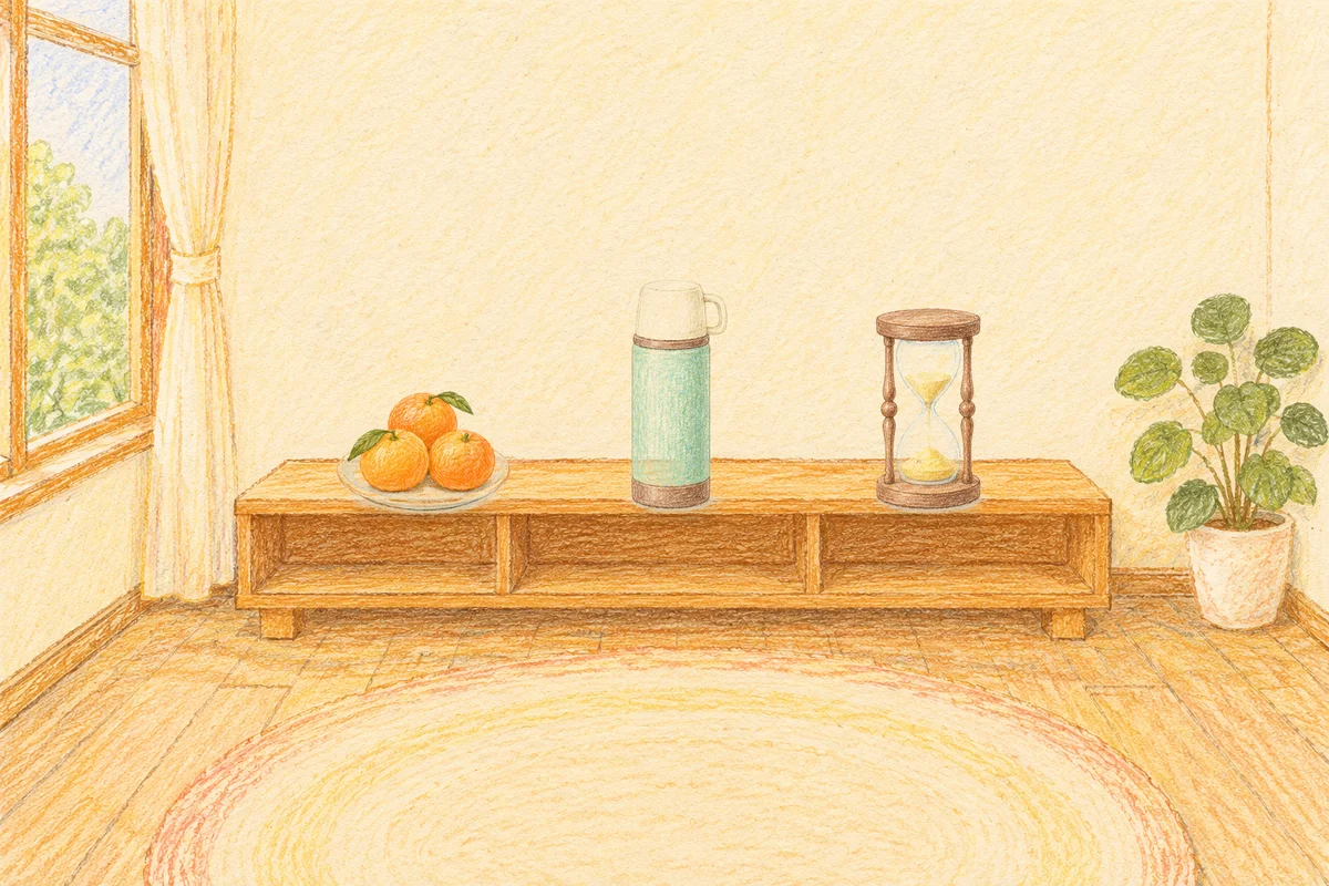 청량리 여성전용 스웨디시 마사지 안내 그림, 낮의 창가 낮은 선반 위에 놓인 귤이 담긴 접시, 보온병, 모래시계