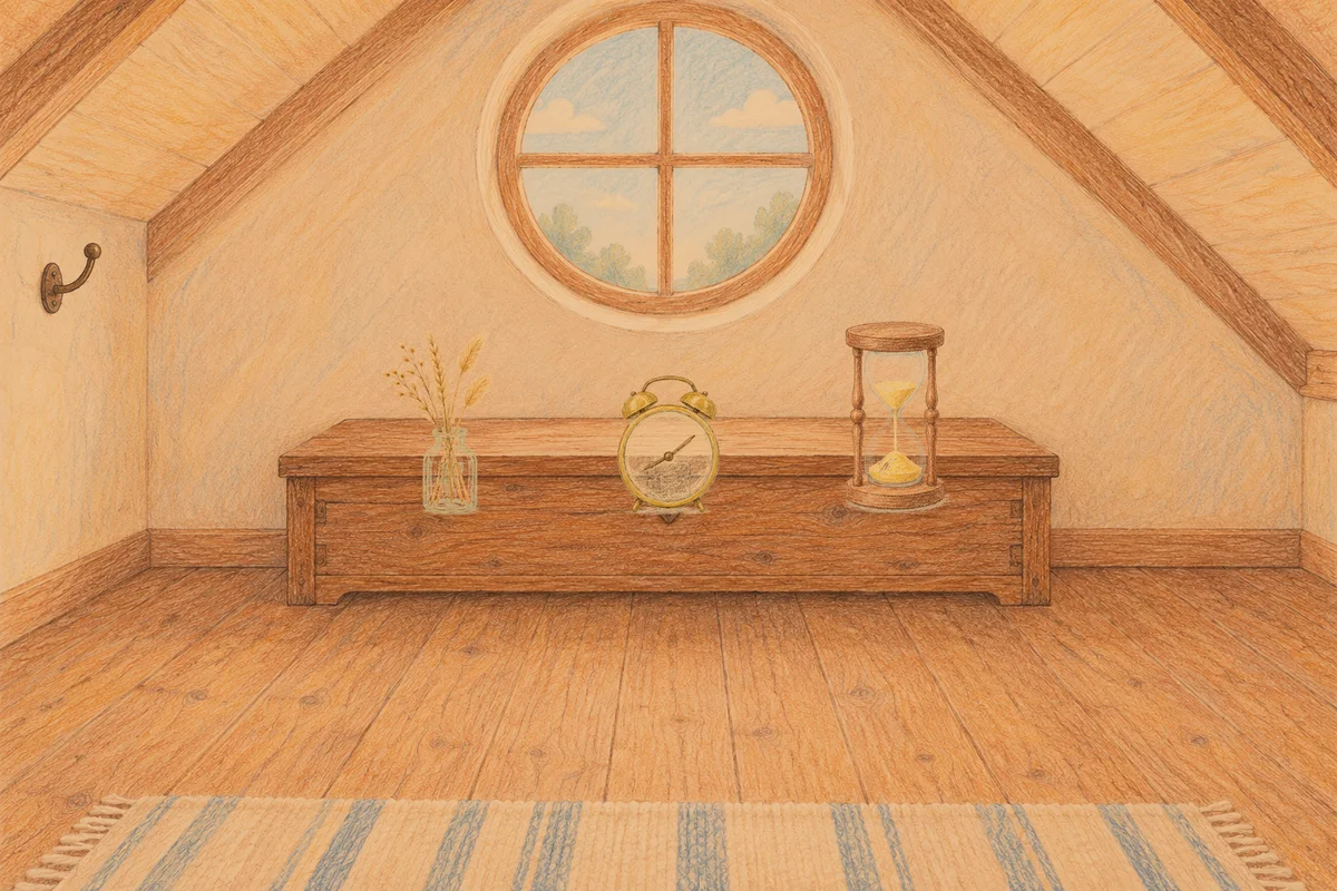 청량리 여성전용 프리미엄 스웨디시 안내 그림, 저녁의 다락방 나무 궤짝 위에 놓인 마른 풀을 꽂은 항아리, 둥근 알람시계, 모래시계