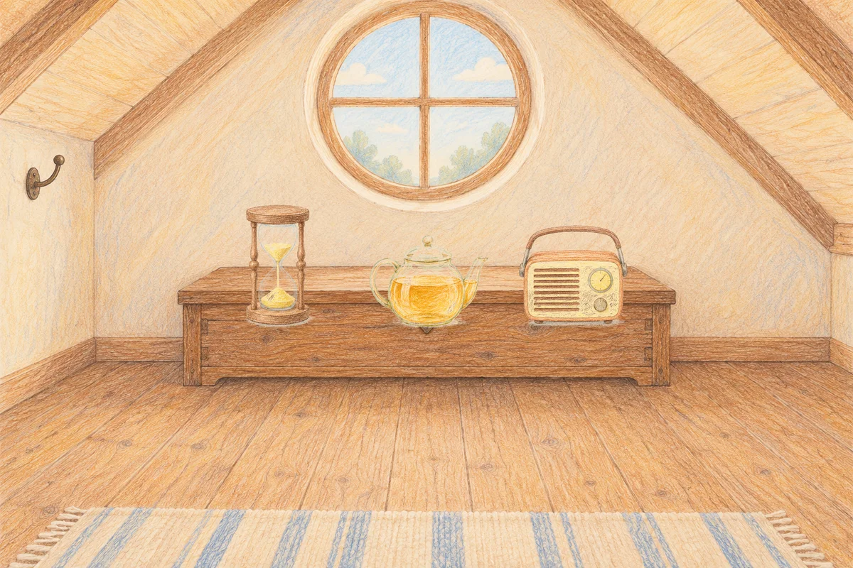 청량리 여성전용 라벤더 아로마 안내 그림, 낮의 다락방 나무 궤짝 위에 놓인 모래시계, 유리 티포트, 작은 라디오