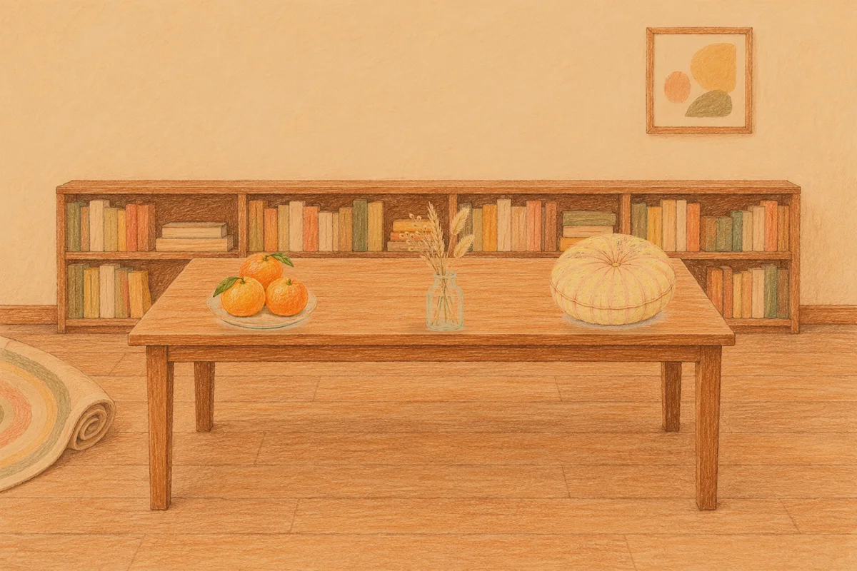 청량리 여성전용 스웨디시 후기 안내 그림, 저녁의 서재 긴 책상 위에 놓인 귤이 담긴 접시, 마른 풀을 꽂은 항아리, 둥근 쿠션
