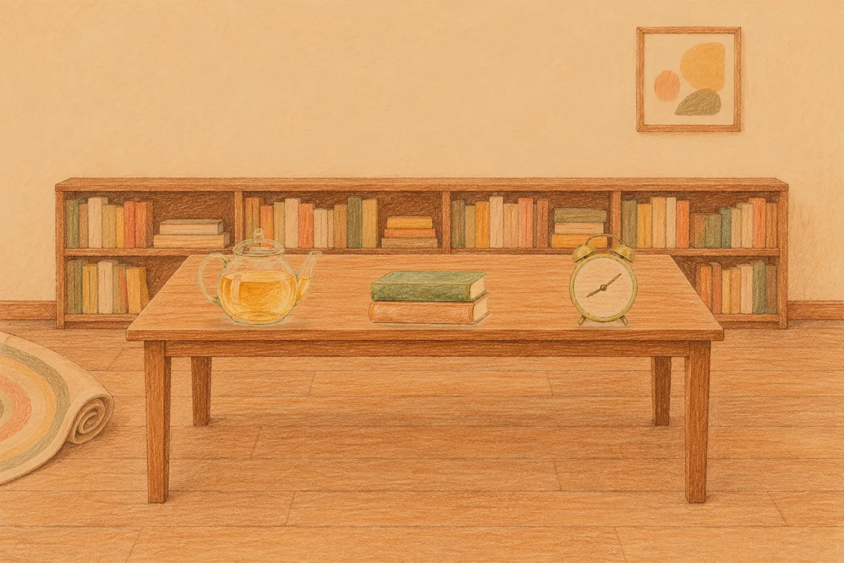 청량리 여성전용 스웨디시 가격 안내 그림, 저녁의 서재 긴 책상 위에 놓인 유리 티포트, 책 두 권, 둥근 알람시계