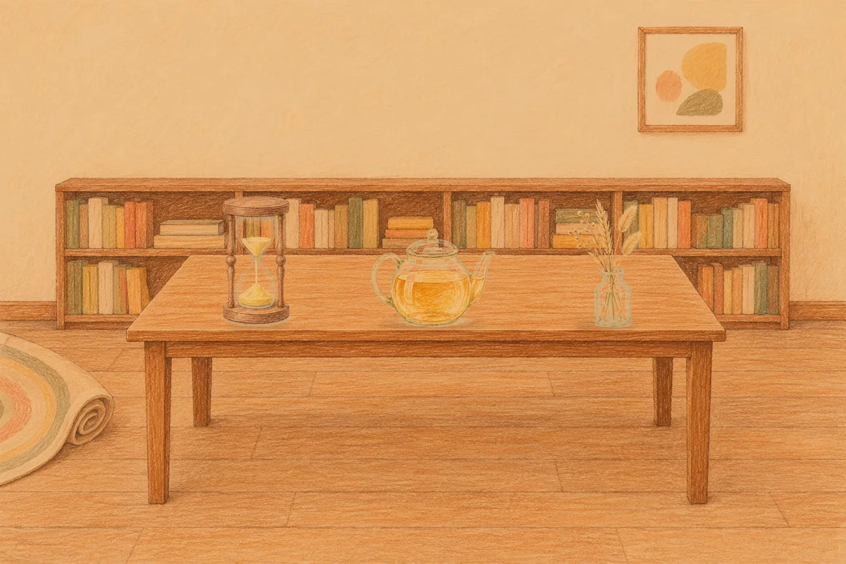 청량리 여성전용 아로마 가격 안내 그림, 저녁의 서재 긴 책상 위에 놓인 모래시계, 유리 티포트, 마른 풀을 꽂은 항아리