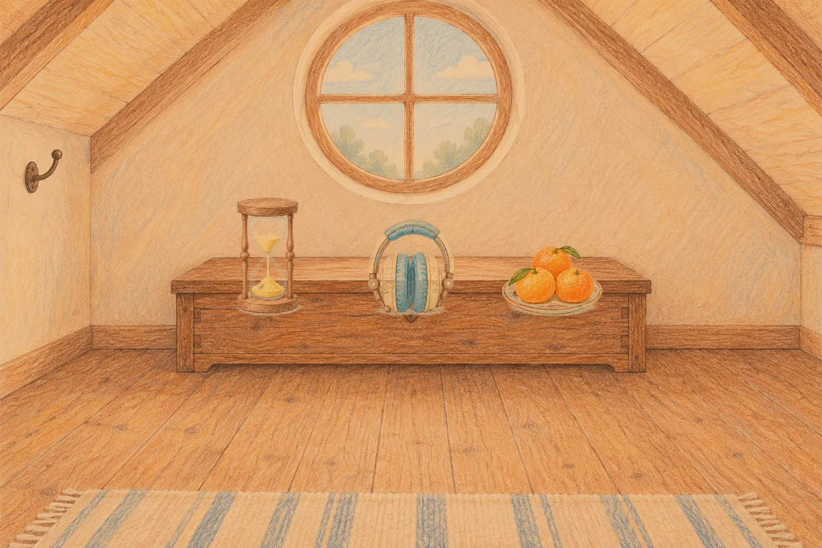 청량리 여성전용 스웨디시 추천 안내 그림, 저녁의 다락방 나무 궤짝 위에 놓인 모래시계, 헤드폰, 귤이 담긴 접시