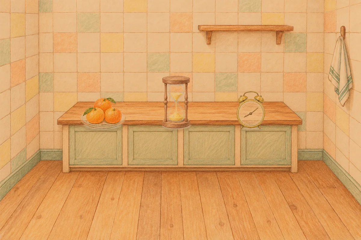 청량리 여성전용 경락 마사지 안내 그림, 저녁의 부엌 나무 조리대 위에 놓인 귤이 담긴 접시, 모래시계, 둥근 알람시계