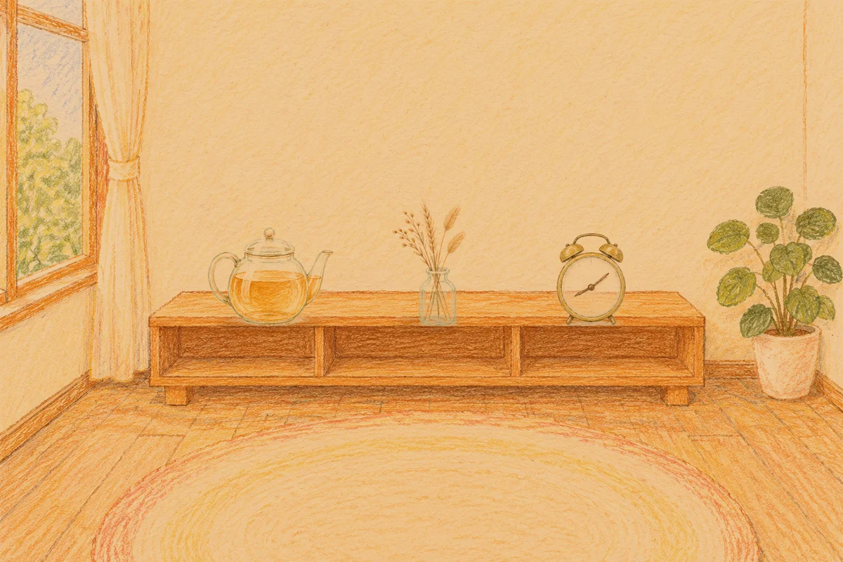 청량리 여성전용 경락 케어 안내 그림, 저녁의 창가 낮은 선반 위에 놓인 유리 티포트, 마른 풀을 꽂은 항아리, 둥근 알람시계