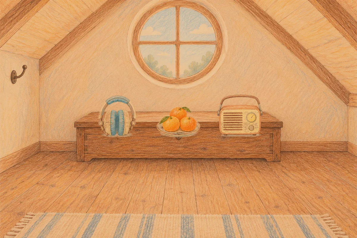 청량리 여성전용 바디 경락 안내 그림, 저녁의 다락방 나무 궤짝 위에 놓인 헤드폰, 귤이 담긴 접시, 작은 라디오