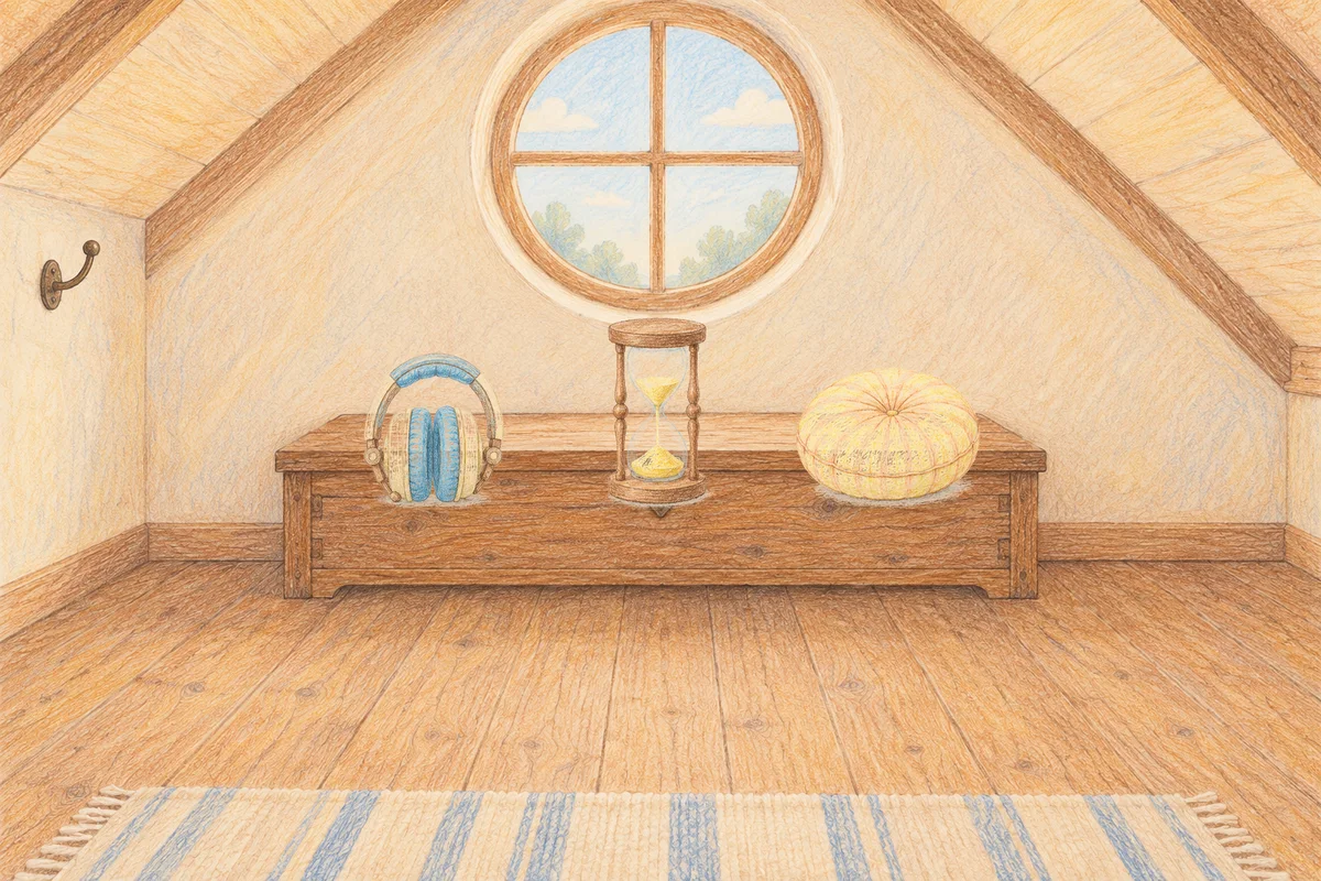 청량리 여성전용 경락 가격 안내 그림, 낮의 다락방 나무 궤짝 위에 놓인 헤드폰, 모래시계, 둥근 쿠션