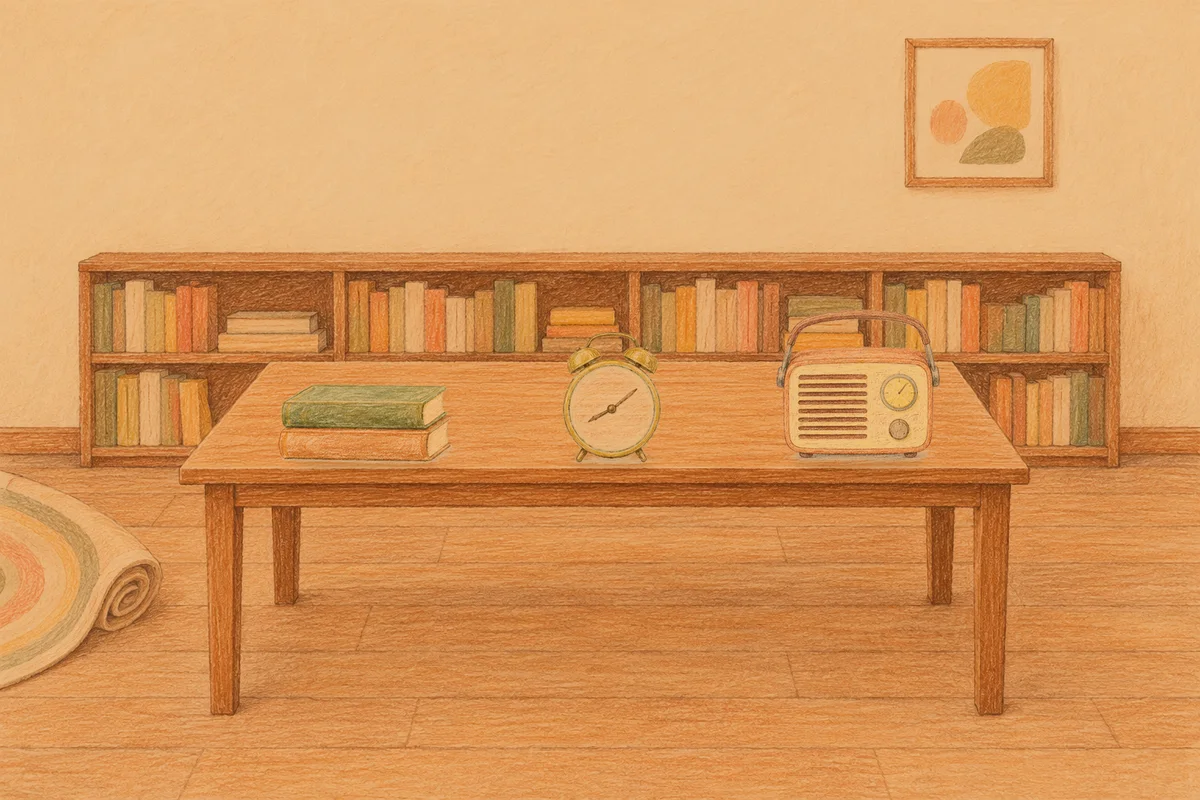 청량리 여성전용 홈케어 안내 그림, 저녁의 서재 긴 책상 위에 놓인 책 두 권, 둥근 알람시계, 작은 라디오