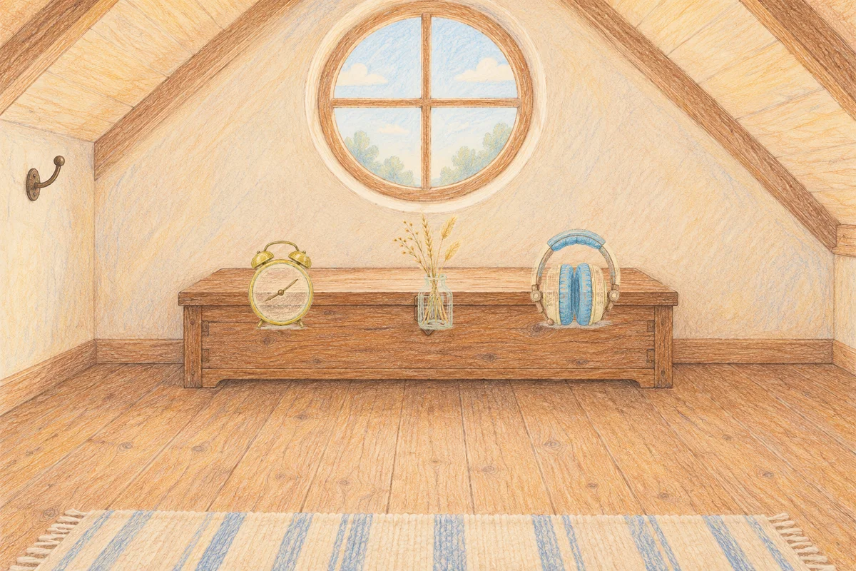 청량리 여성전용 방문 마사지 안내 그림, 낮의 다락방 나무 궤짝 위에 놓인 둥근 알람시계, 마른 풀을 꽂은 항아리, 헤드폰