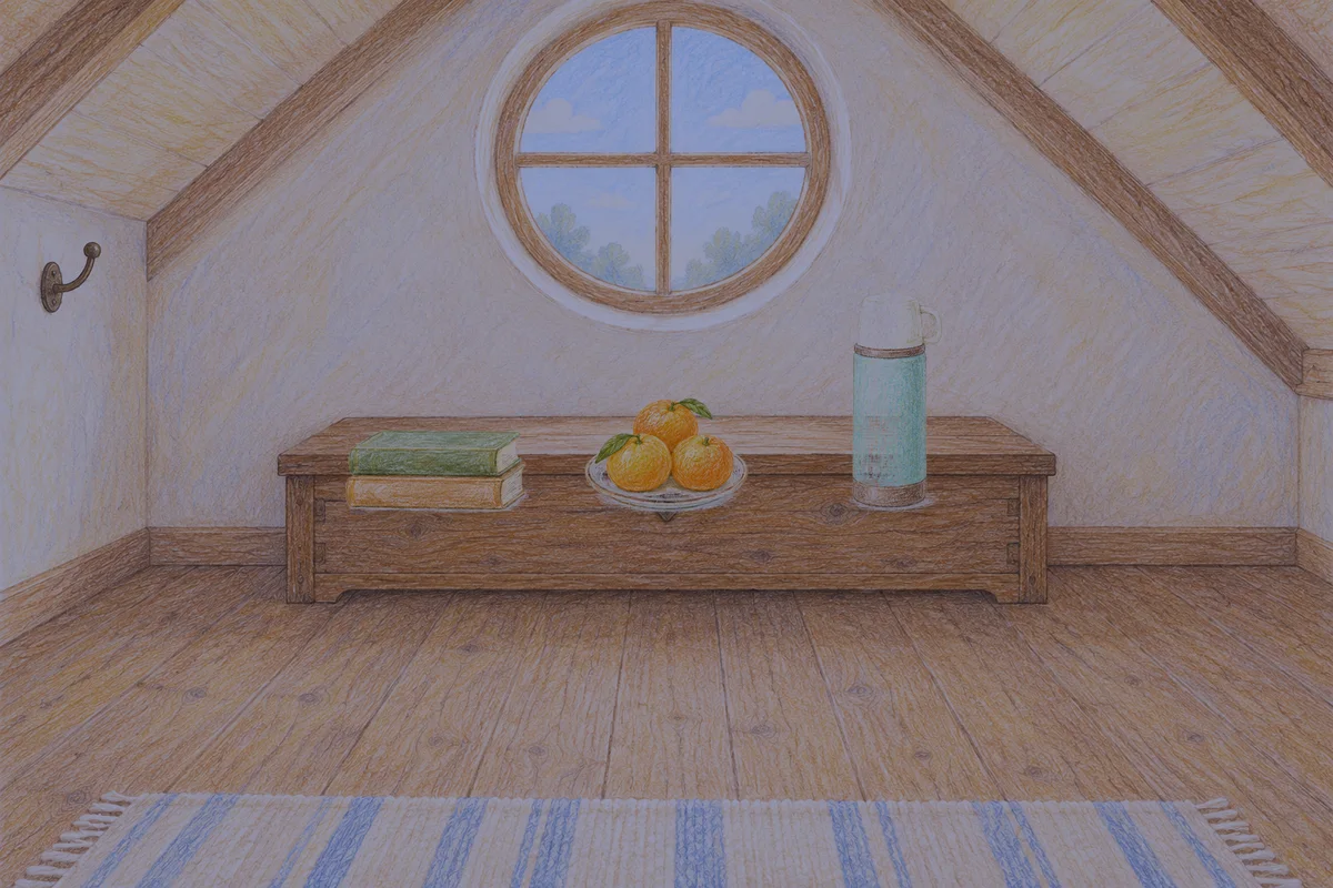 청량리 여성전용 홈케어 서비스 안내 그림, 밤의 다락방 나무 궤짝 위에 놓인 책 두 권, 귤이 담긴 접시, 보온병