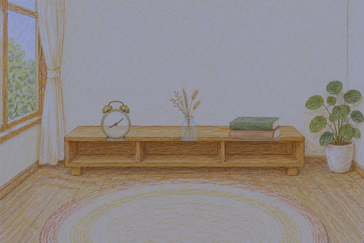 청량리 여성전용 발관리 안내 그림, 밤의 창가 낮은 선반 위에 놓인 둥근 알람시계, 마른 풀을 꽂은 항아리, 책 두 권