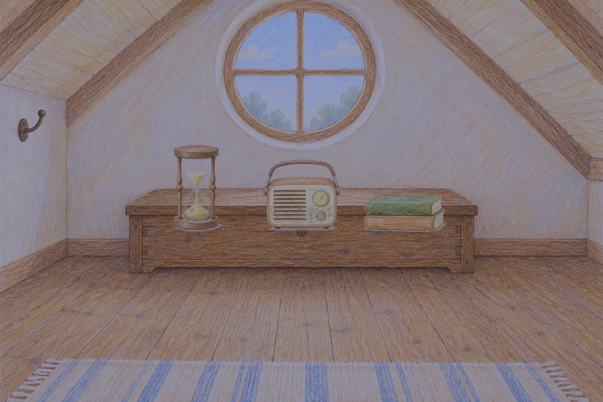 청량리 여성전용 발마사지 안내 그림, 밤의 다락방 나무 궤짝 위에 놓인 모래시계, 작은 라디오, 책 두 권