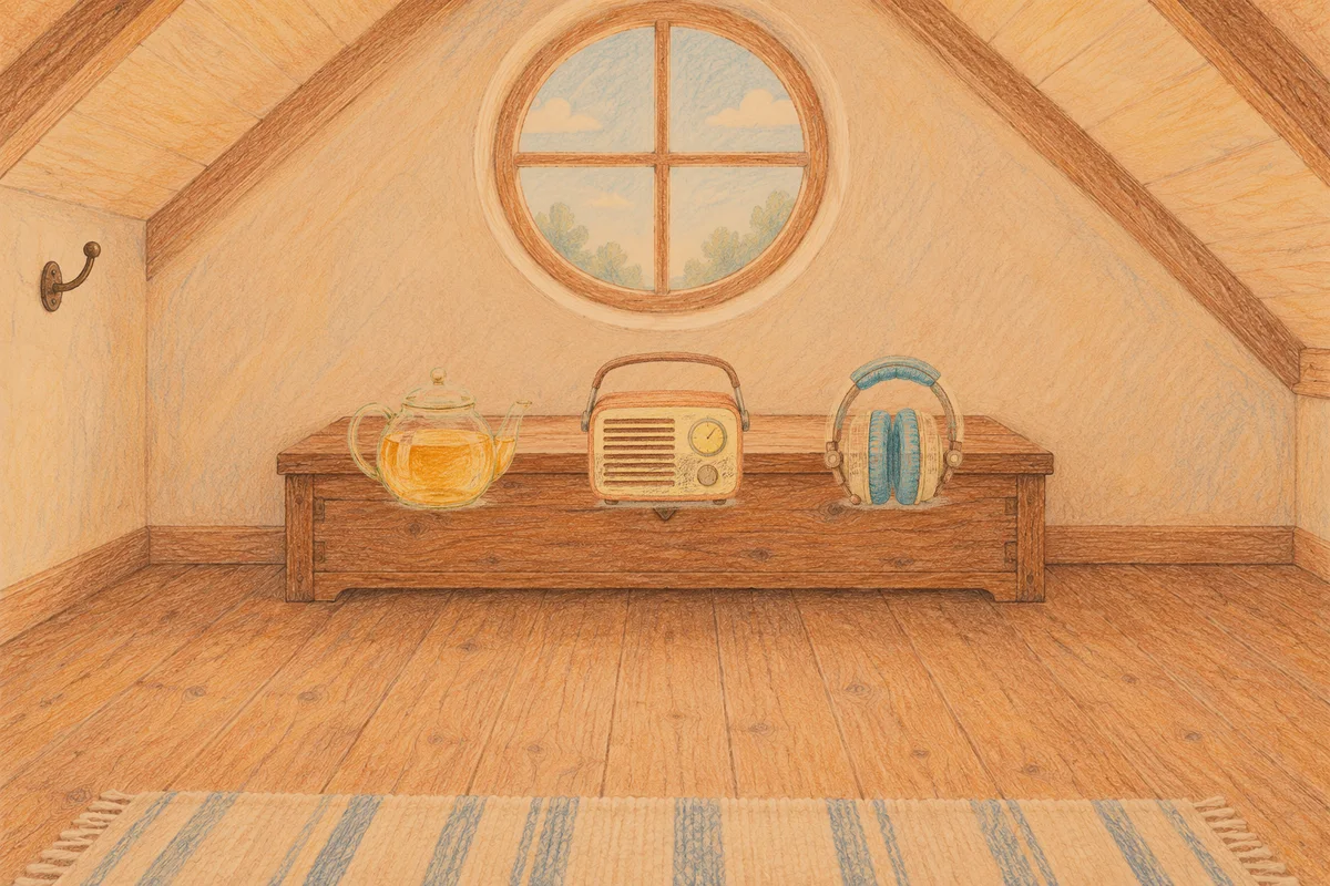 청량리 여성전용 발 케어 안내 그림, 저녁의 다락방 나무 궤짝 위에 놓인 유리 티포트, 작은 라디오, 헤드폰
