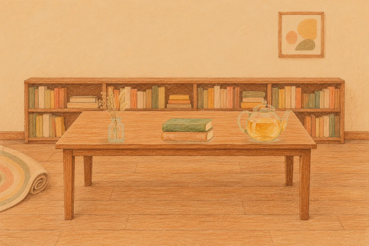 청량리 여성전용 발관리 후기 안내 그림, 저녁의 서재 긴 책상 위에 놓인 마른 풀을 꽂은 항아리, 책 두 권, 유리 티포트