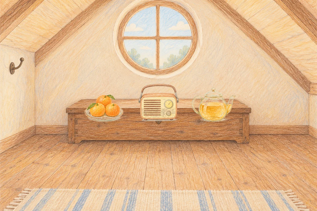 청량리 여성전용 발관리 추천 안내 그림, 낮의 다락방 나무 궤짝 위에 놓인 귤이 담긴 접시, 작은 라디오, 유리 티포트
