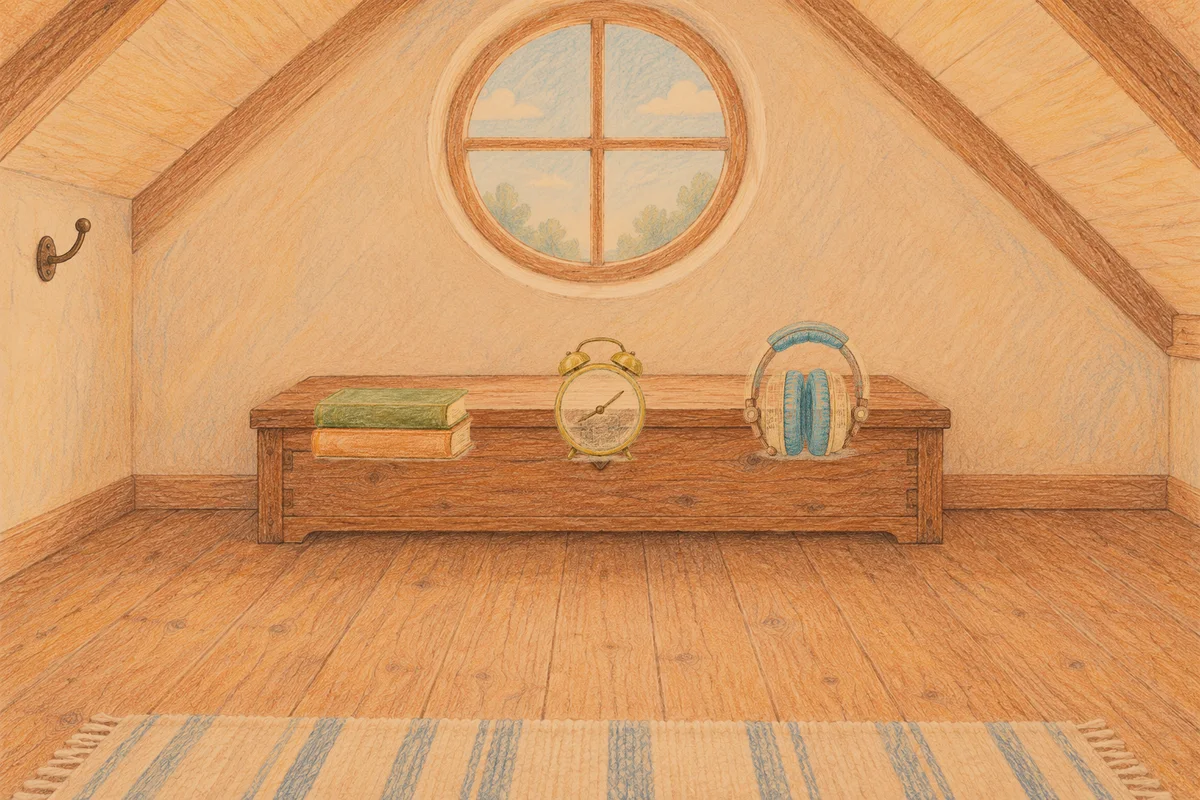 청량리 여성전용 부종 케어 안내 그림, 저녁의 다락방 나무 궤짝 위에 놓인 책 두 권, 둥근 알람시계, 헤드폰