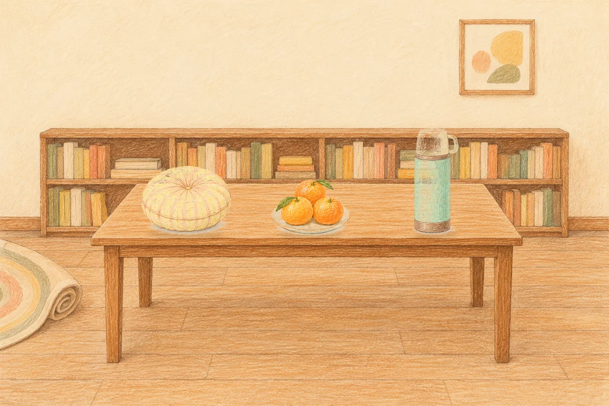 청량리 여성전용 디톡스 마사지 안내 그림, 낮의 서재 긴 책상 위에 놓인 둥근 쿠션, 귤이 담긴 접시, 보온병