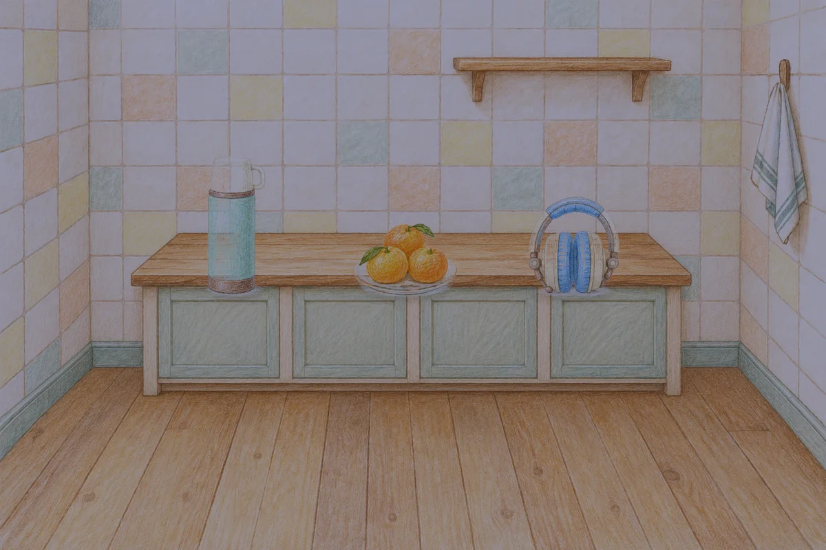 청량리 여성전용 다이어트 마사지 안내 그림, 밤의 부엌 나무 조리대 위에 놓인 보온병, 귤이 담긴 접시, 헤드폰