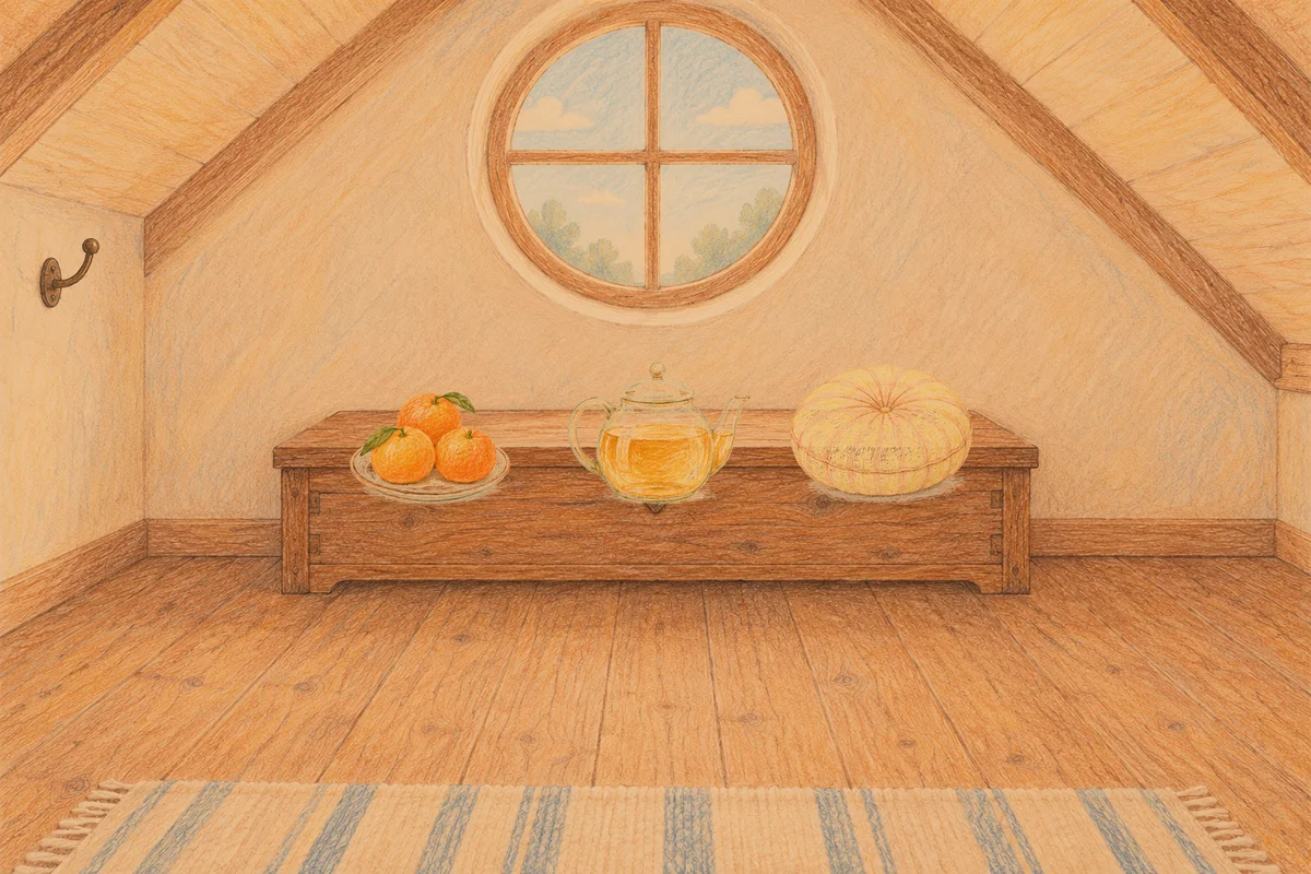청량리 여성전용 두피 마사지 안내 그림, 저녁의 다락방 나무 궤짝 위에 놓인 귤이 담긴 접시, 유리 티포트, 둥근 쿠션