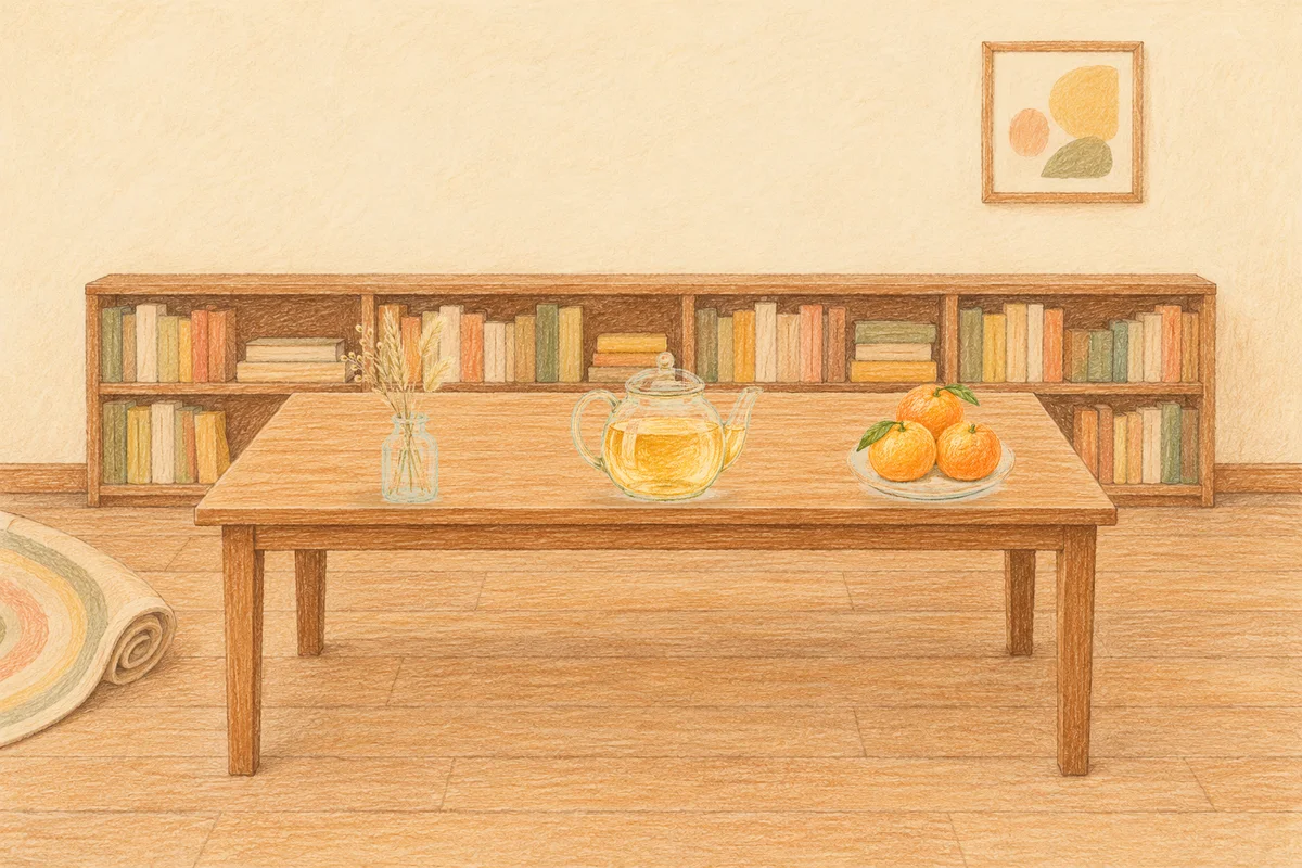 청량리 여성전용 어깨 마사지 안내 그림, 낮의 서재 긴 책상 위에 놓인 마른 풀을 꽂은 항아리, 유리 티포트, 귤이 담긴 접시