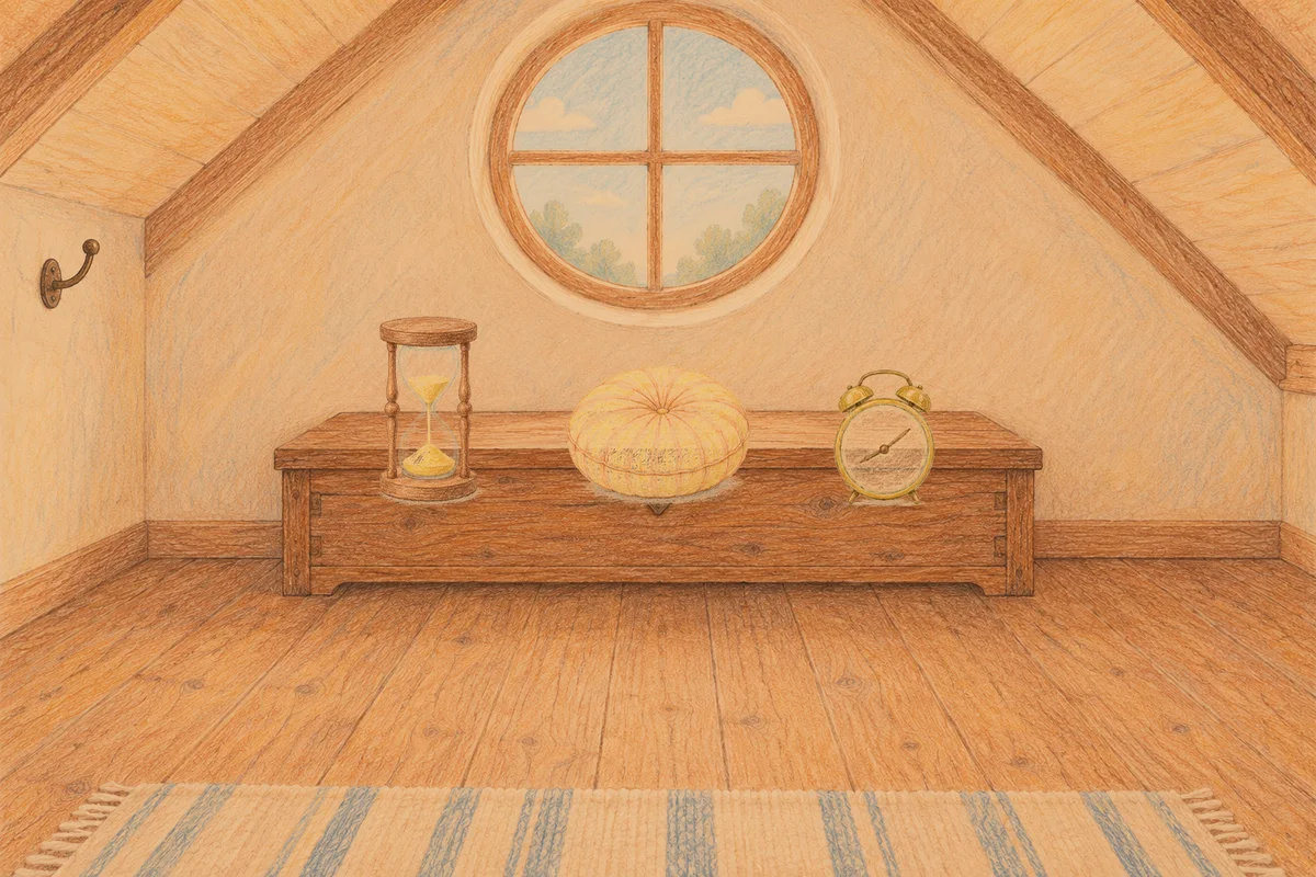 청량리 여성전용 수면 케어 안내 그림, 저녁의 다락방 나무 궤짝 위에 놓인 모래시계, 둥근 쿠션, 둥근 알람시계