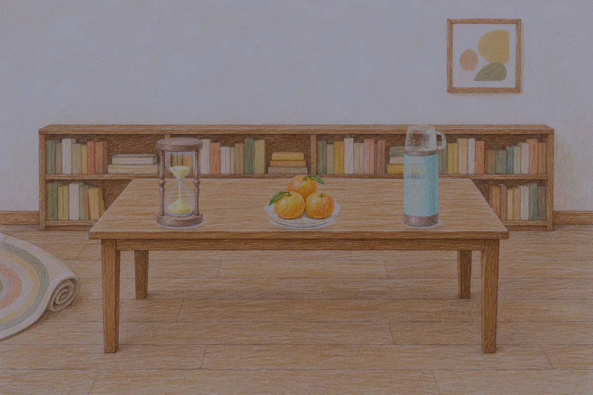 청량리 여성전용 안티에이징 케어 안내 그림, 밤의 서재 긴 책상 위에 놓인 모래시계, 귤이 담긴 접시, 보온병