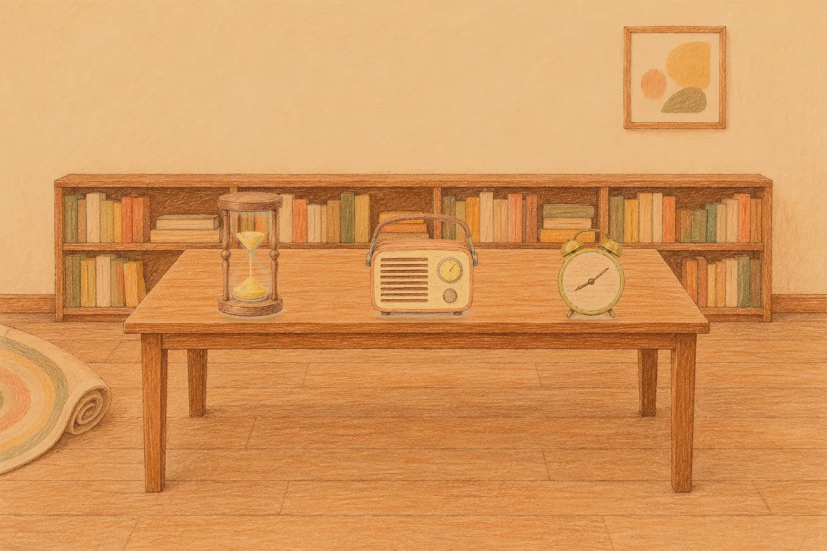 청량리 여성전용 브라이덜 케어 안내 그림, 저녁의 서재 긴 책상 위에 놓인 모래시계, 작은 라디오, 둥근 알람시계