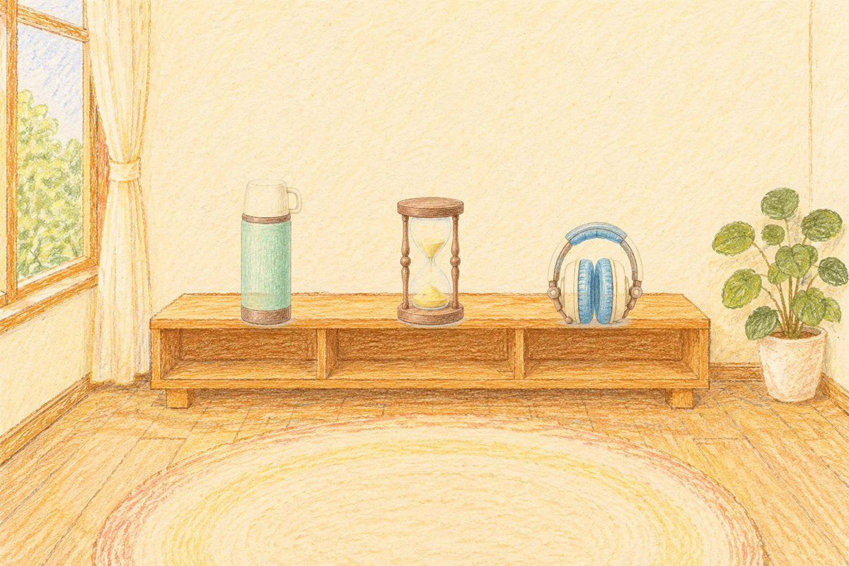 청량리 여성전용 피부 관리 안내 그림, 낮의 창가 낮은 선반 위에 놓인 보온병, 모래시계, 헤드폰
