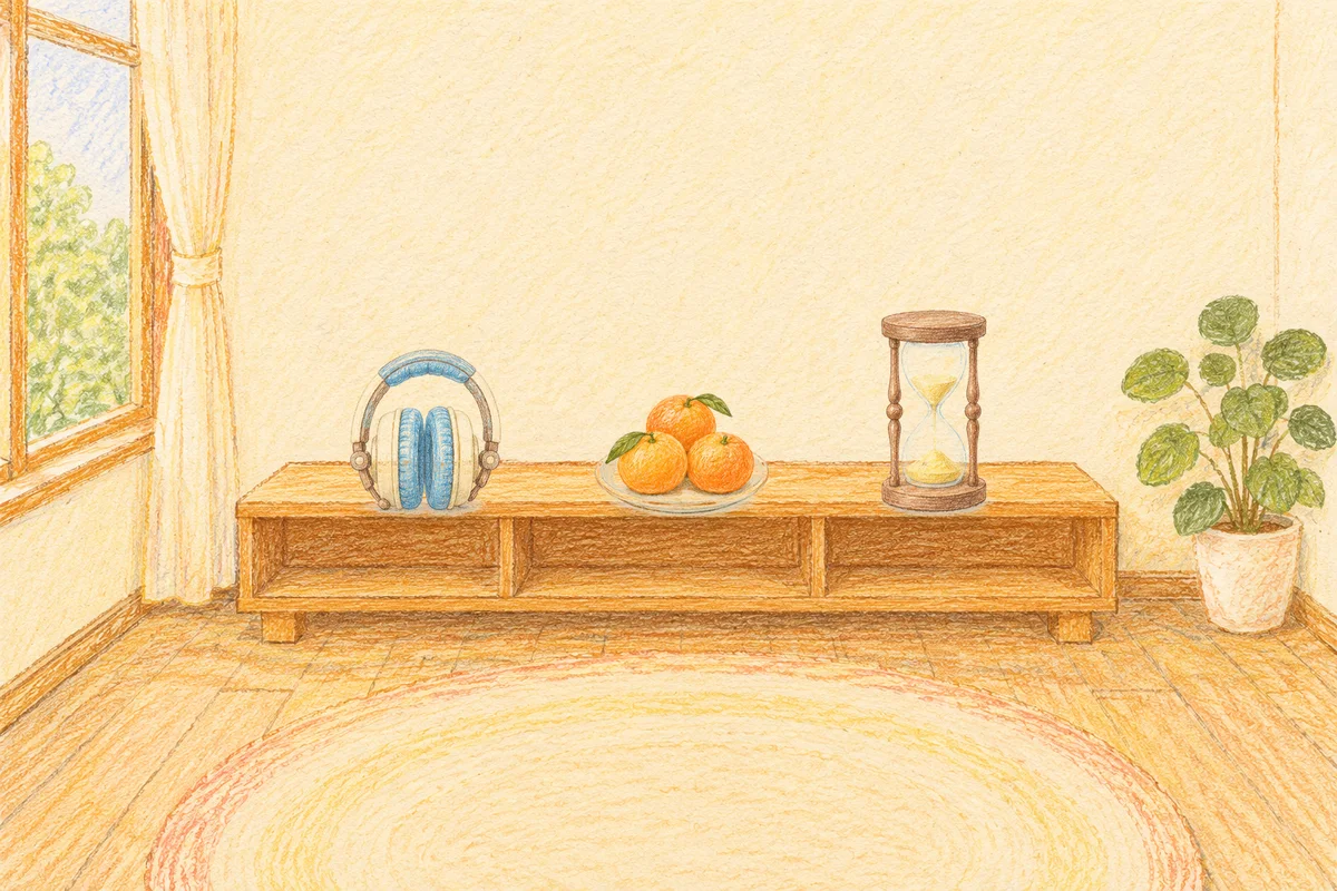 청량리 여성전용 가격 마사지 안내 그림, 낮의 창가 낮은 선반 위에 놓인 헤드폰, 귤이 담긴 접시, 모래시계