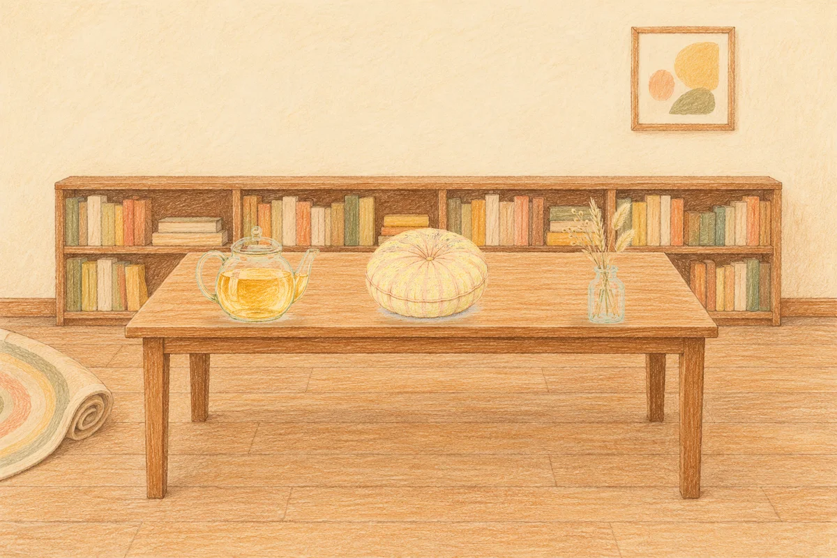 청량리 여성전용 출장 마사지 안내 그림, 낮의 서재 긴 책상 위에 놓인 유리 티포트, 둥근 쿠션, 마른 풀을 꽂은 항아리