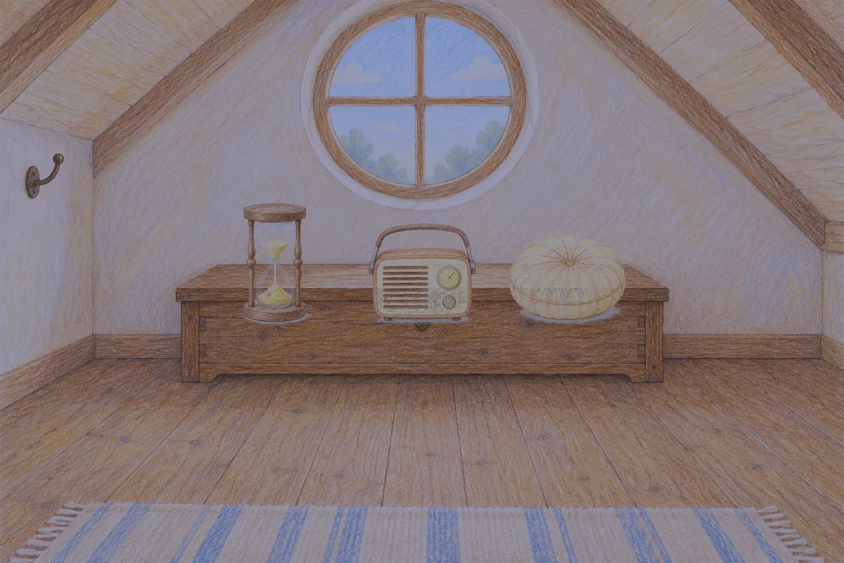 전농동 여성전용 아로마 마사지 안내 그림, 밤의 다락방 나무 궤짝 위에 놓인 모래시계, 작은 라디오, 둥근 쿠션
