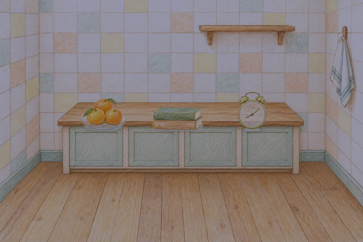 전농동 여성전용 아로마 가격 안내 그림, 밤의 부엌 나무 조리대 위에 놓인 귤이 담긴 접시, 책 두 권, 둥근 알람시계