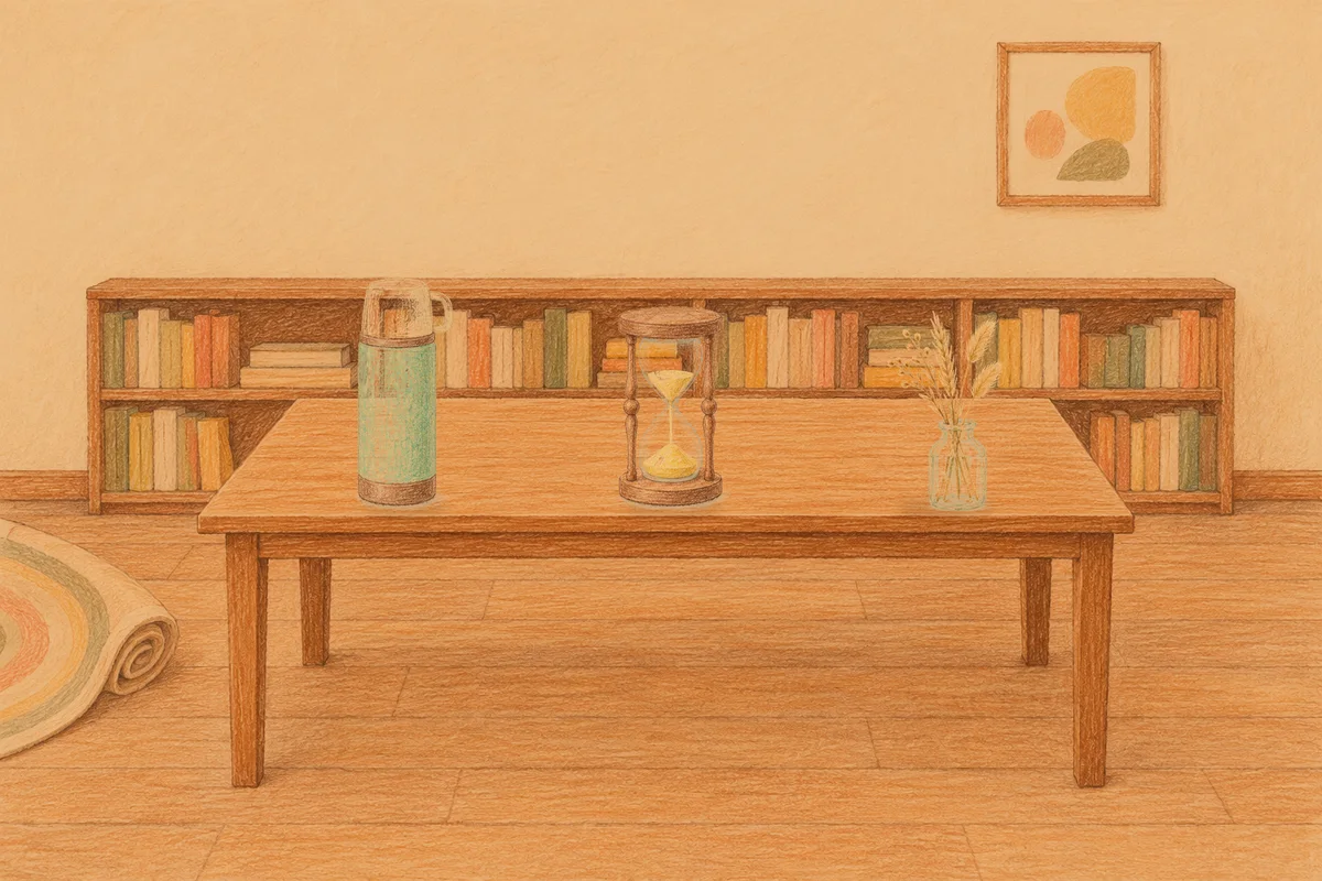 전농동 여성전용 아로마 추천 안내 그림, 저녁의 서재 긴 책상 위에 놓인 보온병, 모래시계, 마른 풀을 꽂은 항아리