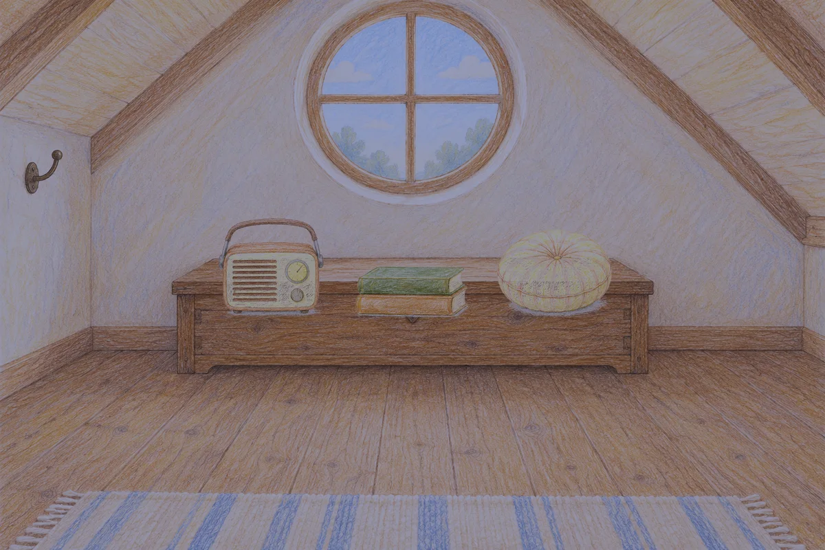 전농동 여성전용 경락 케어 안내 그림, 밤의 다락방 나무 궤짝 위에 놓인 작은 라디오, 책 두 권, 둥근 쿠션
