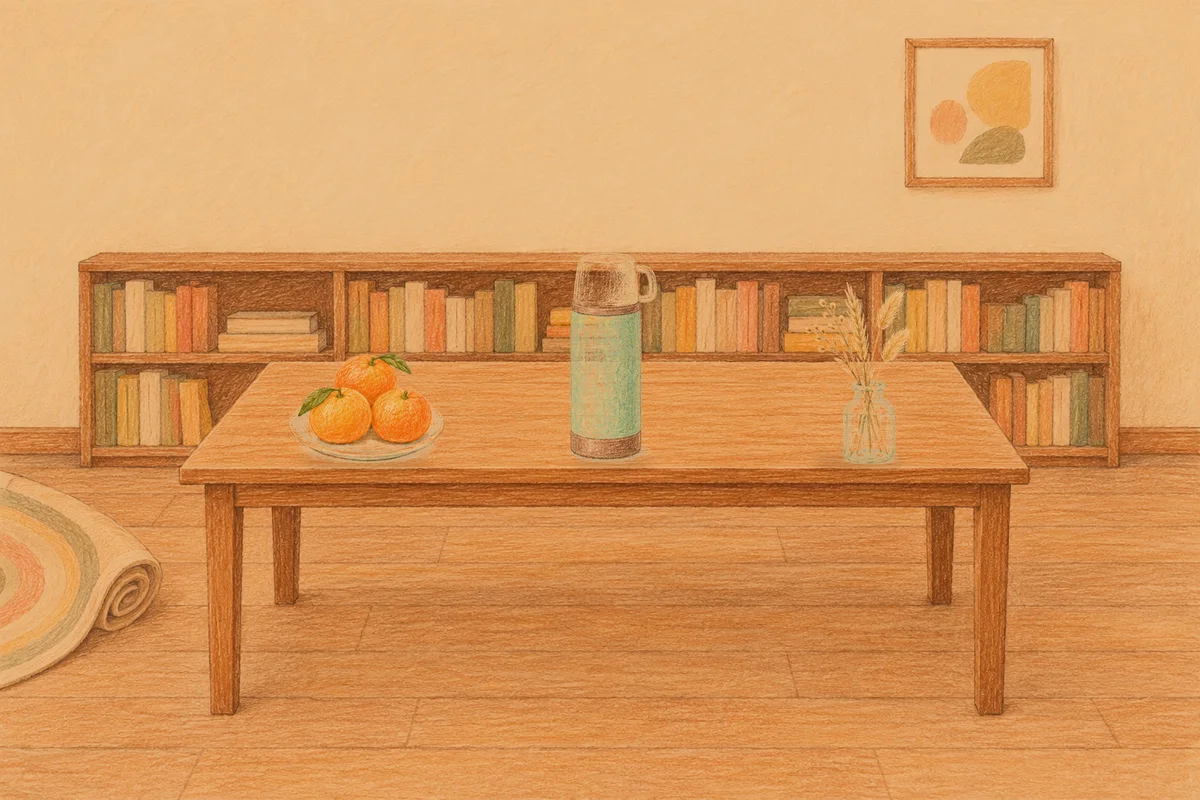 전농동 여성전용 바디 경락 안내 그림, 저녁의 서재 긴 책상 위에 놓인 귤이 담긴 접시, 보온병, 마른 풀을 꽂은 항아리