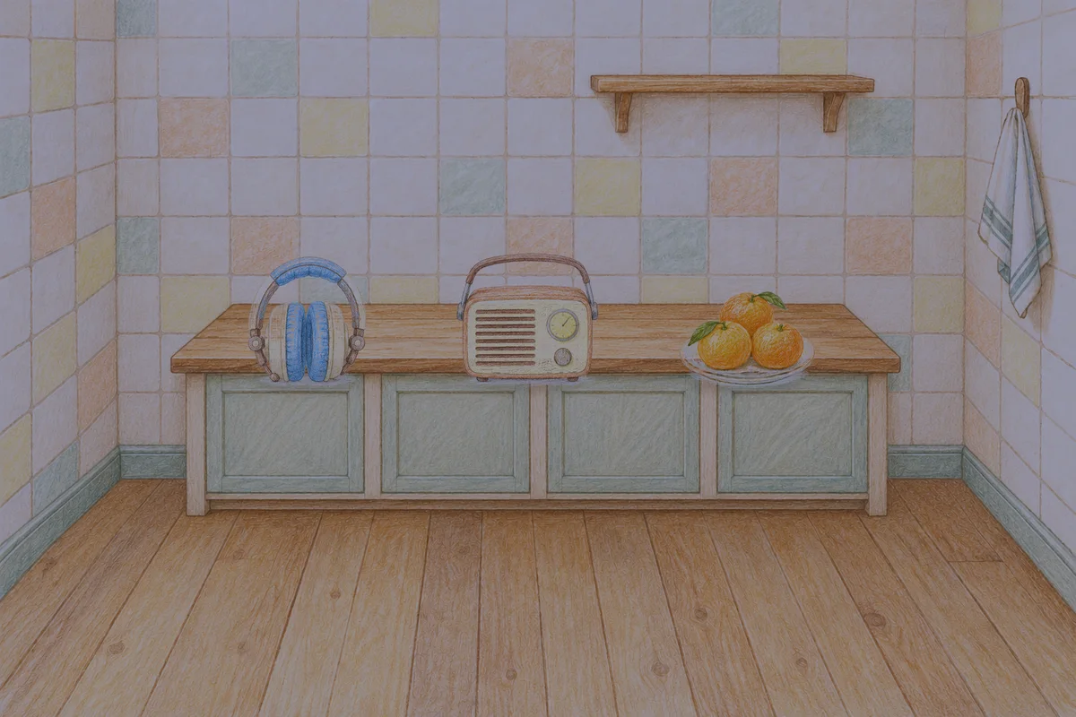 전농동 여성전용 경락 가격 안내 그림, 밤의 부엌 나무 조리대 위에 놓인 헤드폰, 작은 라디오, 귤이 담긴 접시
