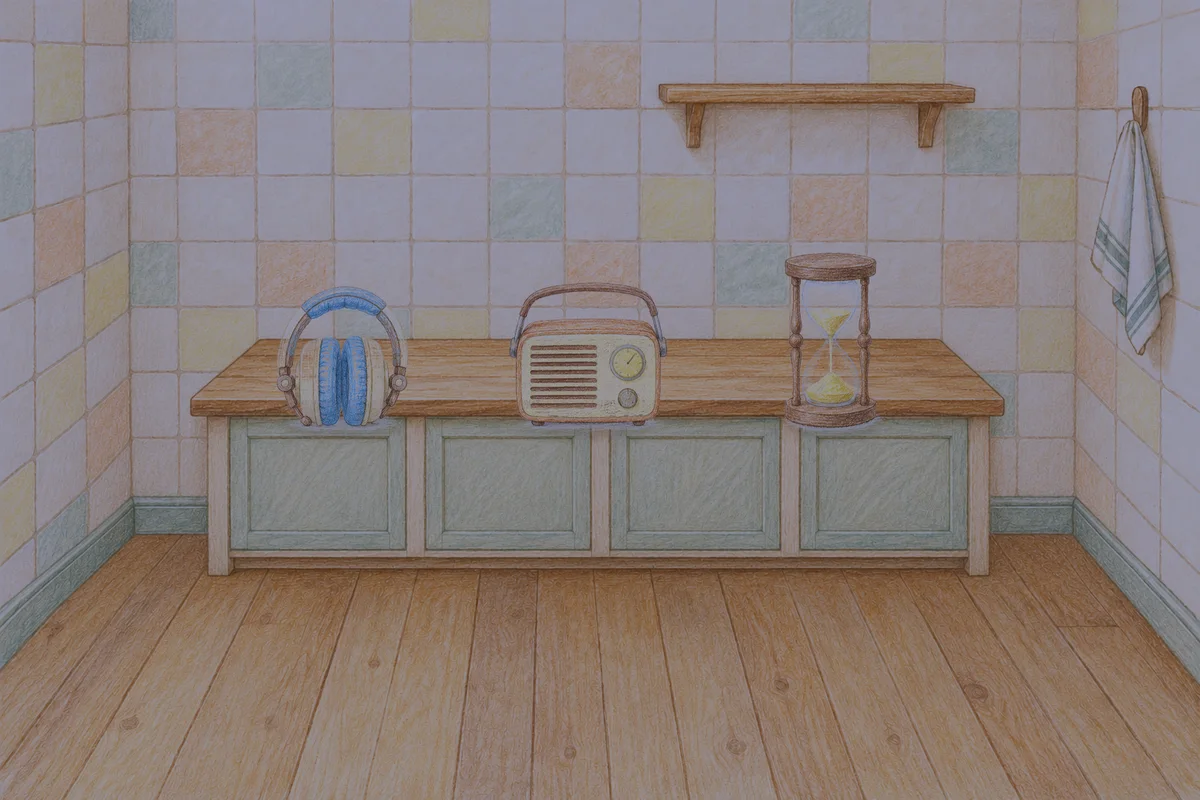 전농동 여성전용 방문 마사지 안내 그림, 밤의 부엌 나무 조리대 위에 놓인 헤드폰, 작은 라디오, 모래시계